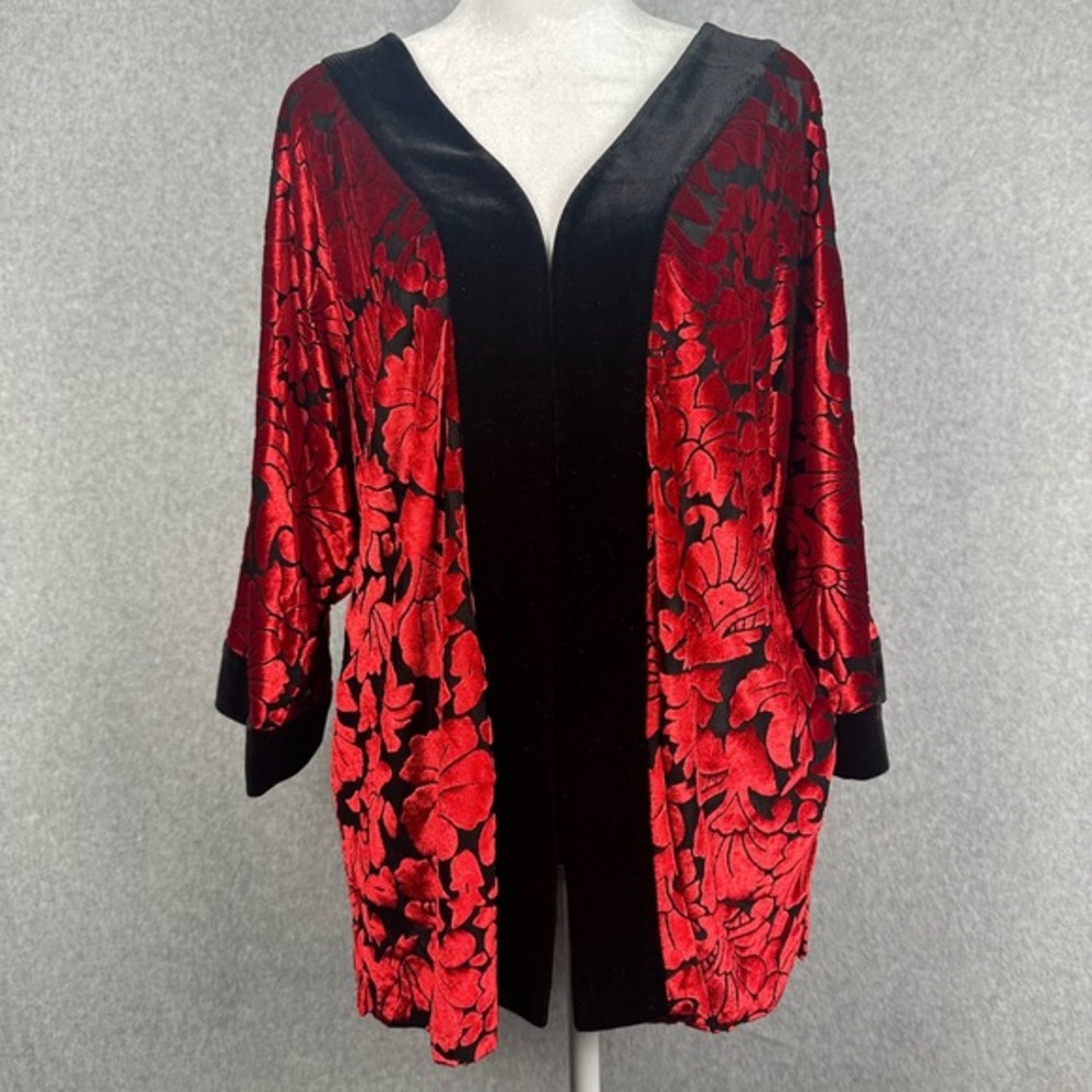 Maggie Sweet Velvet Burnout Dark Floral Cardigan‎ Size Small Petite Red Kimono